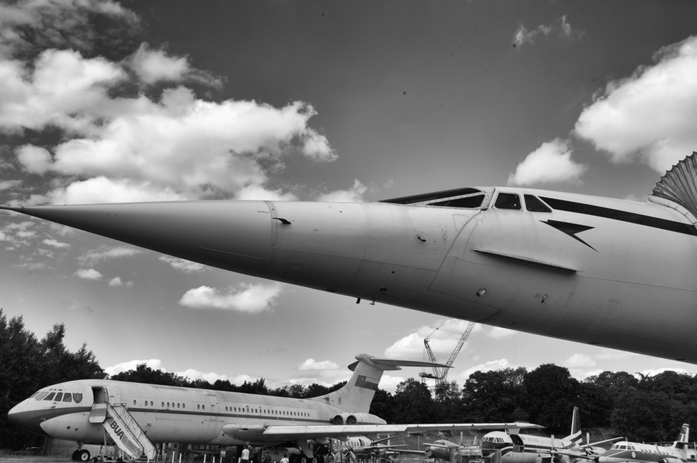   July 24, 2013 and the fallen angel, Concorde, snootily pokes her formidable nose into the air at Brooklands. Leica Monochrom and 35mm Summilux FLE  