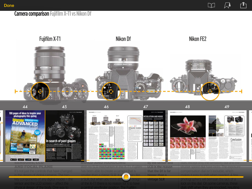 Tap on a page and you see the top menu bar with a very useful navigation bar comprised of page thumbnails.