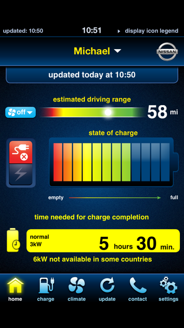 With my Apple hat on, I approve of the Nissan Carwings App. I can control most aspects of the car from bed or bath