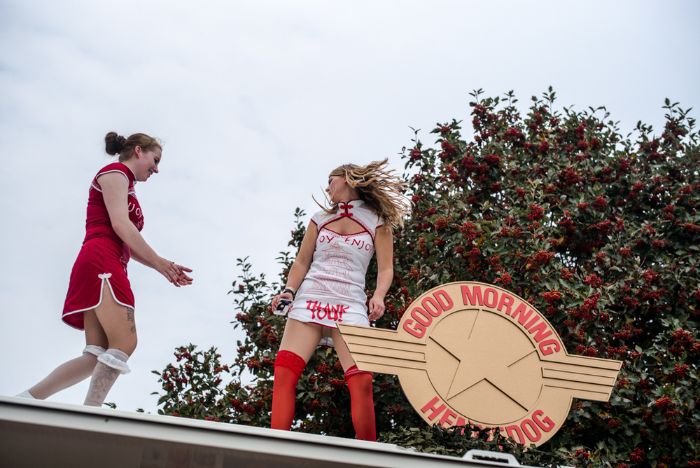 This is the only hotdog stand with a roof show I have ever encountered