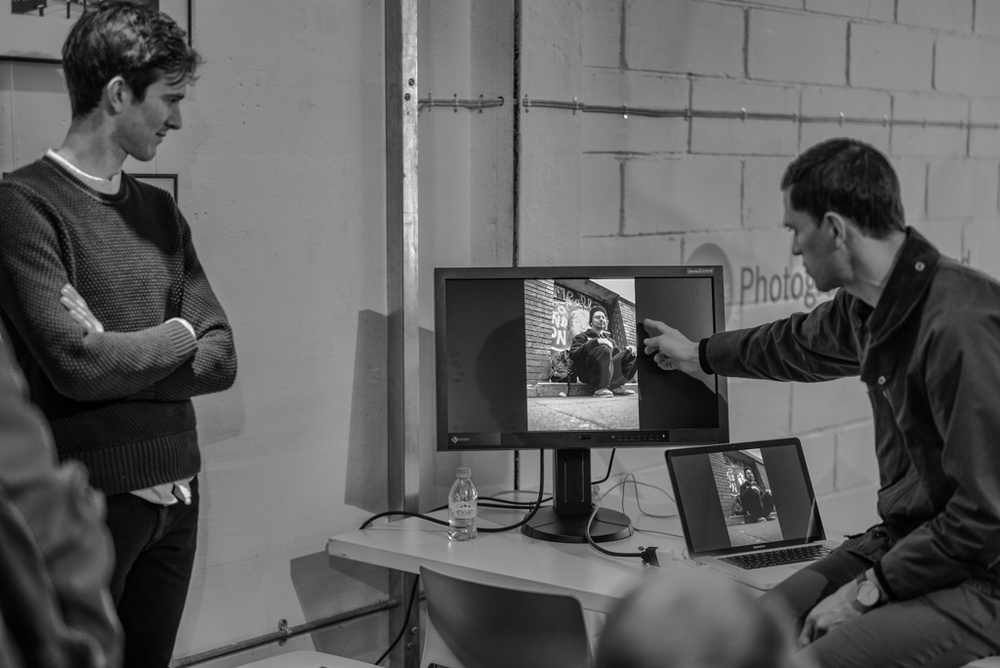 Leica Adademie guru Robin Sinha and Jack (left) critique the shots from one of the hugely popular Leica photowalks through the Brick Lane area. These walks have been one of the most impressive aspects of the two-week presence in East London.