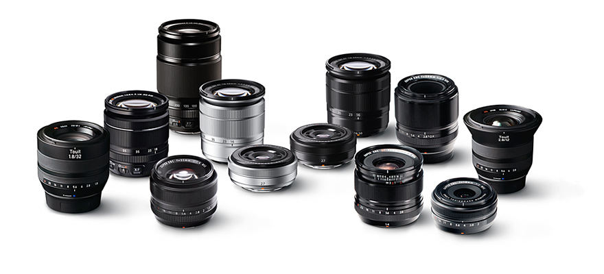 In just four years Fuji has introduced a comprehensive range of Fujinon lenses for every occasion. All are well built and have superb optics for outstanding results. The little 27mm f/2.8 has centre stage in this display. As you see, it comes in silver and black finishes