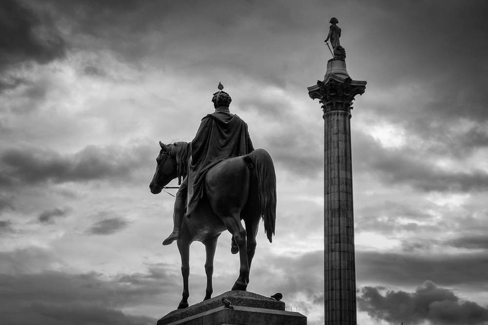 Above: Trafalgar Square at 50mm. Below: Admiral Lord Nelson at 200mm followed by Admiral Lord Nelson cropped. All three pictures post-processed in Silver Efex Pro