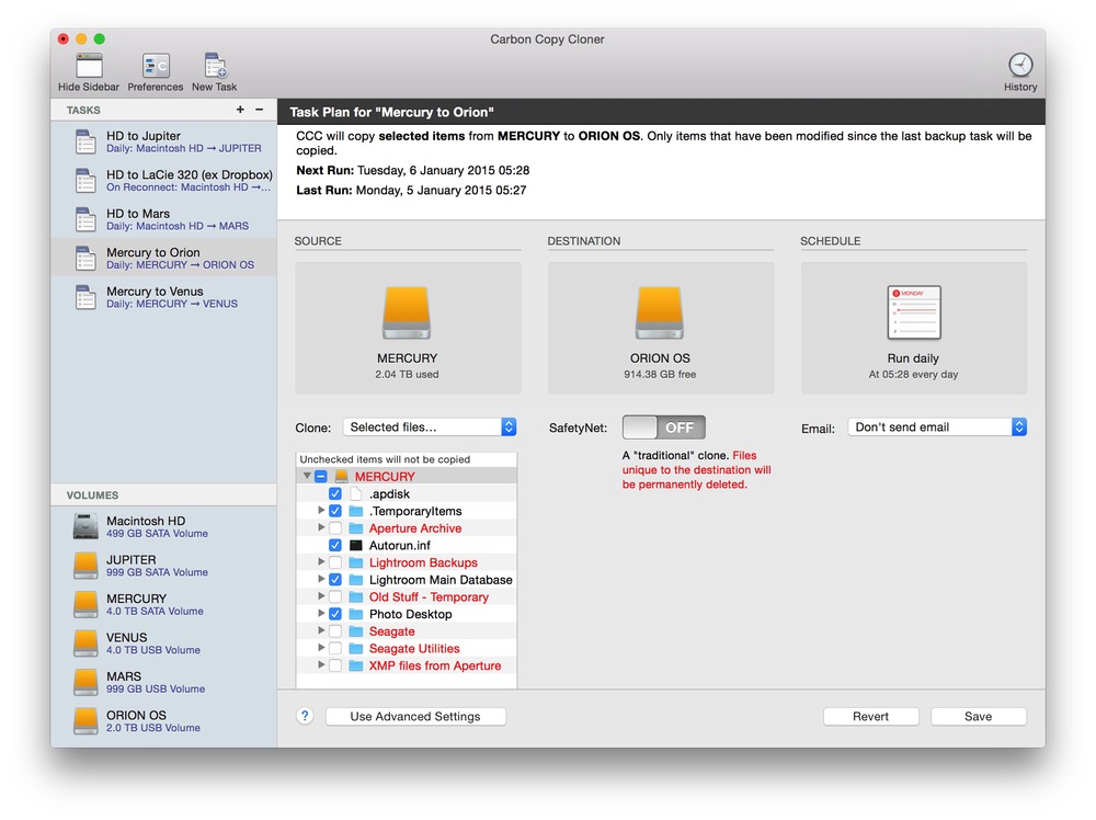 Gustav Holst would have been proud of my ultra-simple backup strategy, all managed effectively by Carbon Copy Cloner. Generally you will wish to clone an entire backup and make it bootable. In some instances, though, a selective backup is desirable. In the above example, the main photo database (on Mercury) is backed up selectively to the offsite disk (Orion OS) which I then store in the car in case the office burns down. Losing the office would be a misfortune, losing both car and office at the same time would be carelessness, to paraphrase Oscar Wilde. Safety Net basically does what Apple Time machine does in keeping a progressive record of file changes over time. This isn