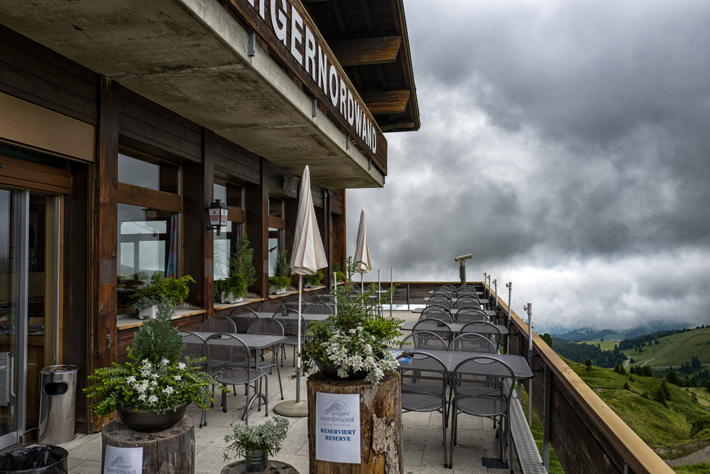 Empty terrace of the Eiger North Face restaurant, near Kleine Scheidegg, awaiting a hungry trainload of Japanese tourists trekking up from Grindelwald.