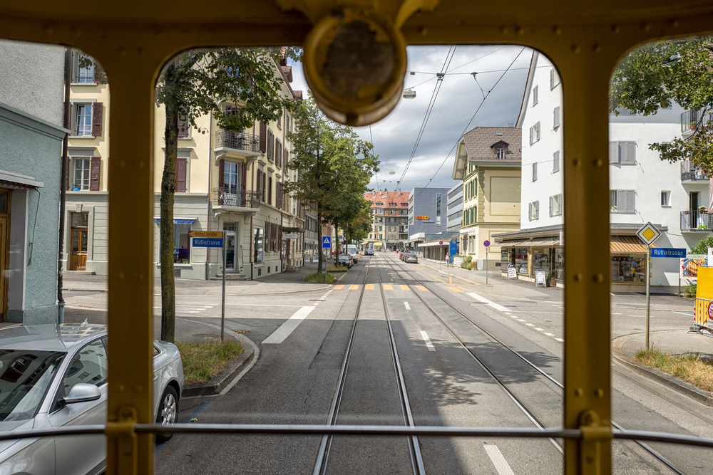 Bern streetscape from the rear trailer of the 1935 tram