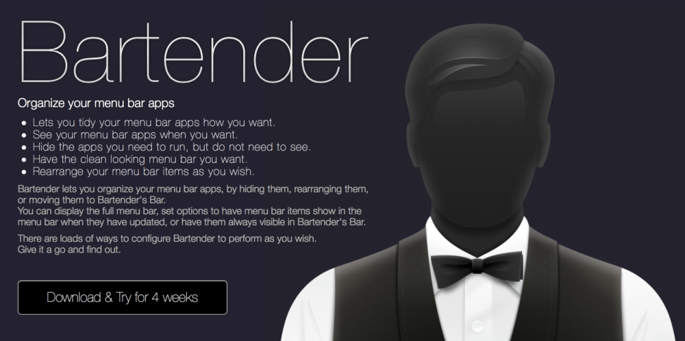 Bartender is a must for every small-screen portable. It hides all the little menu bar icons until you need them, thus avoiding bar creep where the icons gradually extend across to the menus on the left of the screen