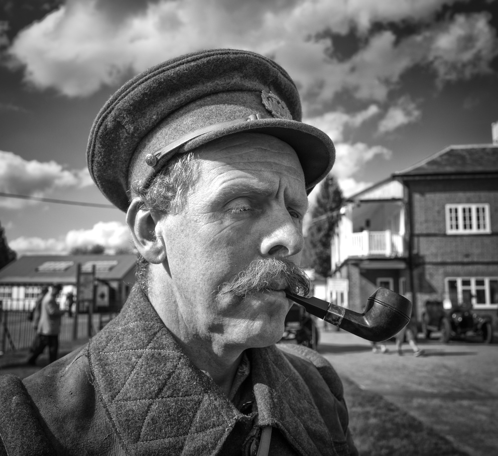 Above and below: Ready for the trenches, complete with machine gun, pipe and portable gramophone