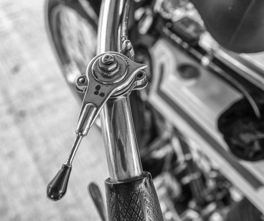 Control detail on a 1914 Triumph, exercising the Leica