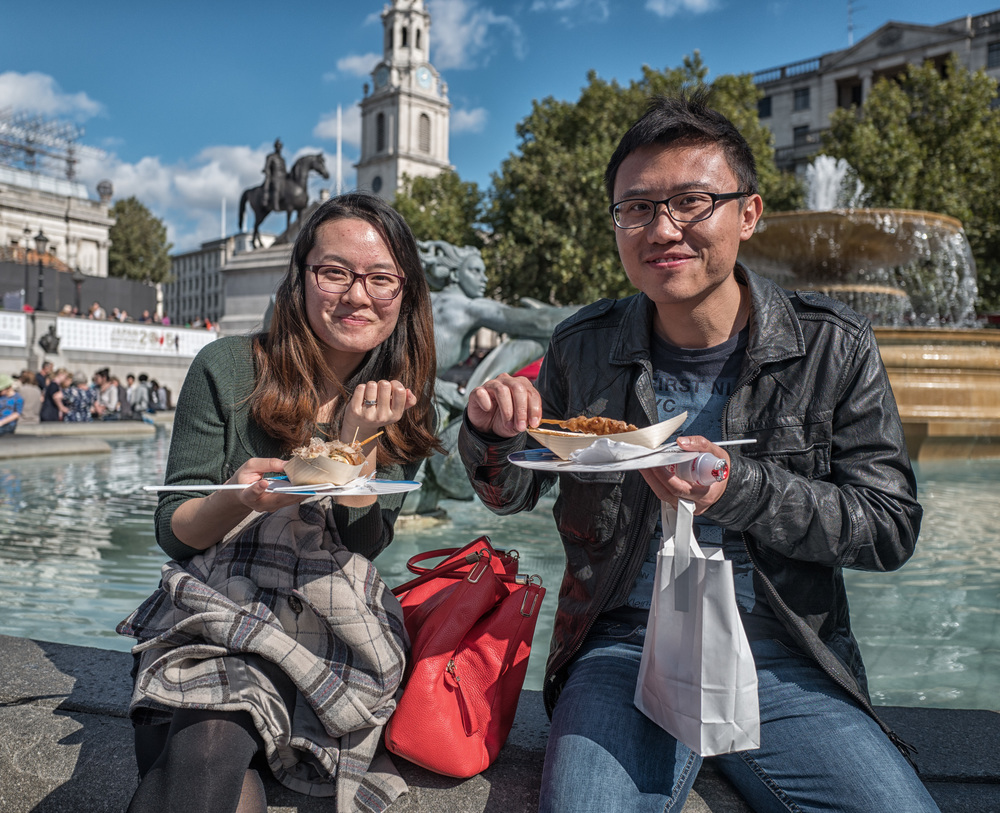 Food, a main attraction and a convenient fountain to perch on