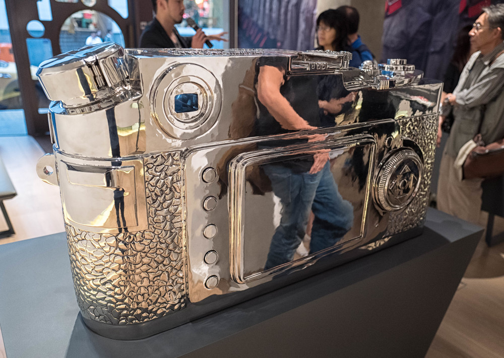 The centrepiece of the museum is this remarkable chrome Leica which turns out to be a tongue-in-cheek montage of all Ms, with design cues from Leicas through the decades, right up to the surprise digital back