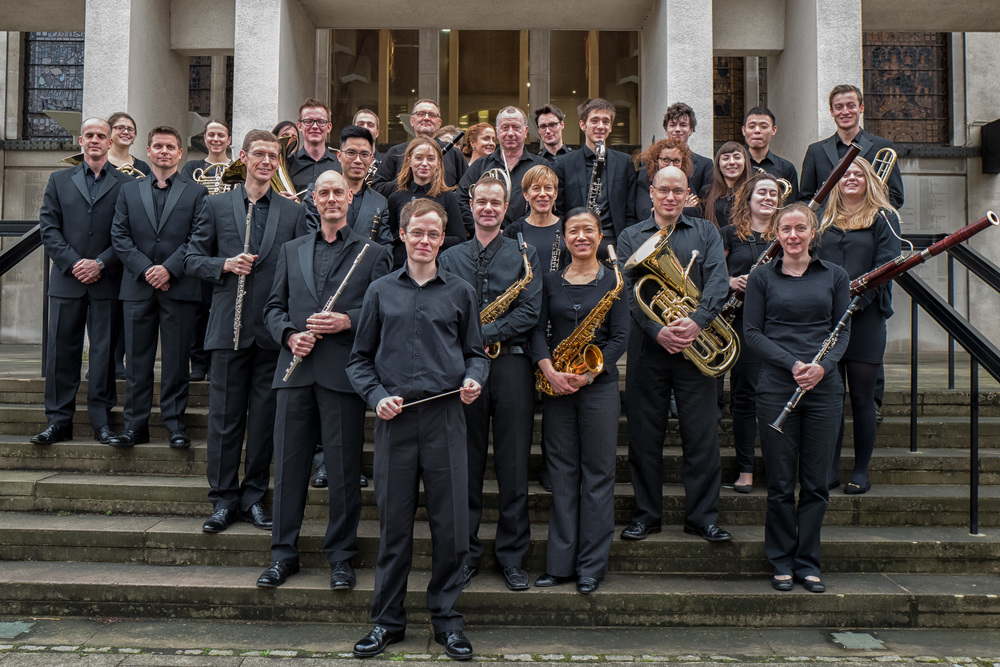 The group shot: Leader Alan Shellard with band members on the steps of the Guards Chapel (Leica Q, handheld in blustery conditions, ISO 4000 at f/5.6, 1/125s)
