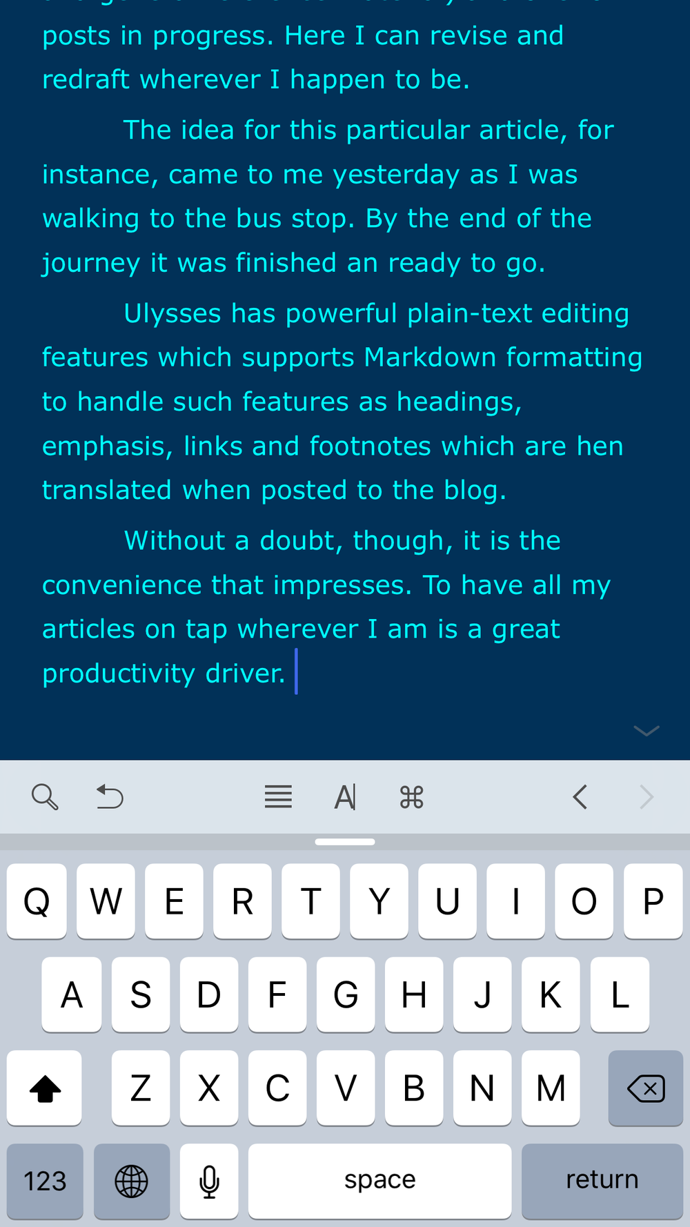 Ulysses for iPhone: The jewel in the crown, ensuring full compatibility between Macs, iPads and phones. Edit your test wherever you are