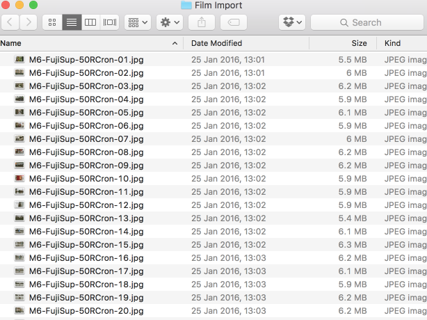  After: Mini metadata embedded in the file names (FujiSup = Fujifilm Superia, 50RCron = 50mm Rigid Summicron). When this is done, import the batch into Lightroom using the desktop 
