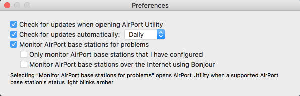 Check your AirPort Utility Preferences and make sure you have ticked the boxes for automatic updates (weekly or daily checking) and monitoring of base stations for problems