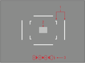 1) Brightline frames for 50mm and 75mm (example). 2) Focus patch. 3) LED display—in the case of the M-D this is the sole menu interface