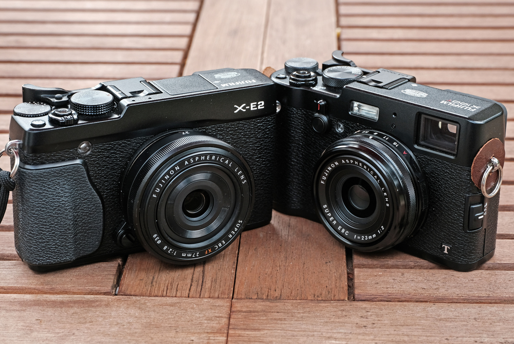 X-E2 with 27mm f/2.8, equivalent to 40mm full frame, and the 23mm X100T, equivalent to 35mm