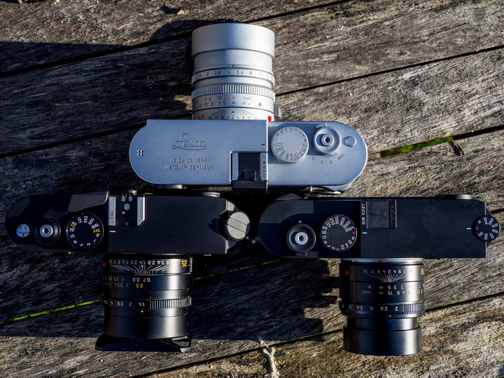 Showing the Leica M-P 240 with the Leica M6ttl and the Leica M10 - they are all identical height, and a base plate comparison shows that the M6ttl and the M10 are the same width and depth