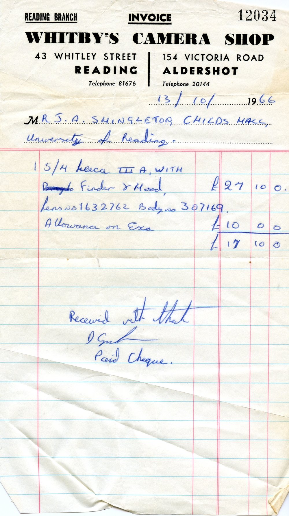 £17.10s in 1966 is equivalent to £300 today — quite a sum for a student