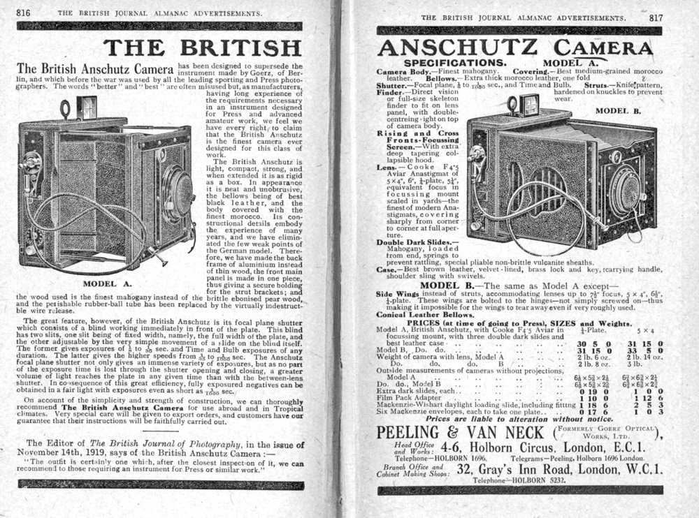  [Fig.4] The British Anschutz. German cameras could not be imported in WW1. Peeling and Van Neck brought out the British Anschutz in 1919. It only lasted three years; by 1923 it was no longer listed.  