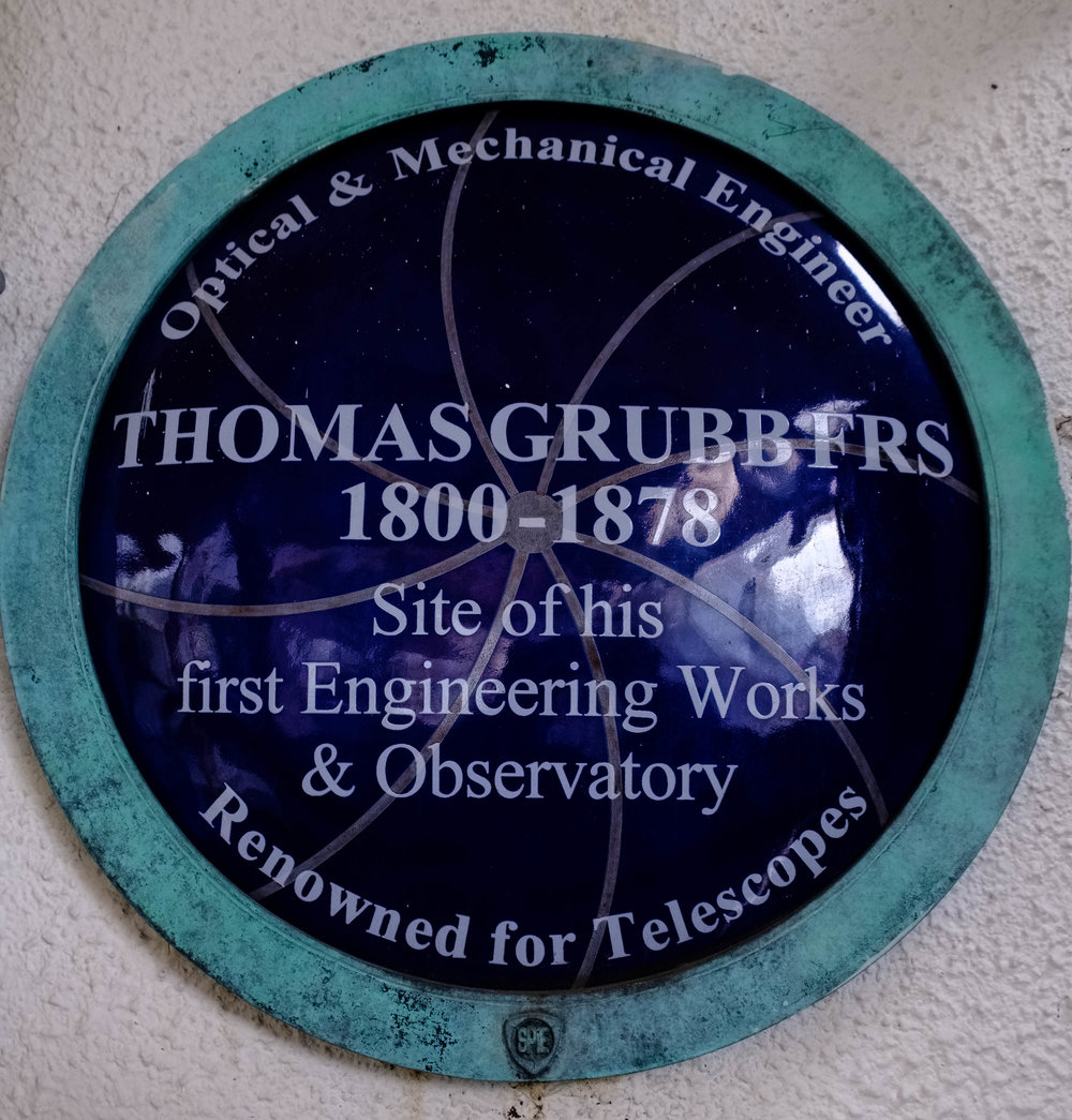 Plaque at the site of the first engineering works of Thomas Grubb, by William Fagan