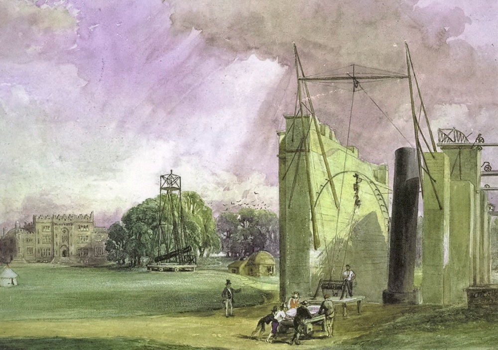Painting by Henrietta Compton of the building of the telescope at Birr Castle in the 1840s, copyright expired
