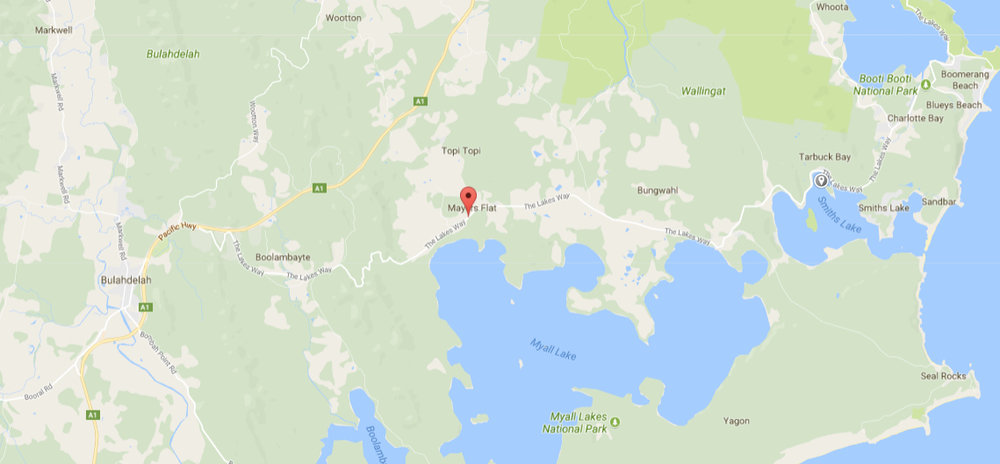 The long and winding road to Blueys Beach: The location pointer indicates the farm (see picture below) and Smiths Lake, scene of the rainbow shot, is to the right, nearer to the coast