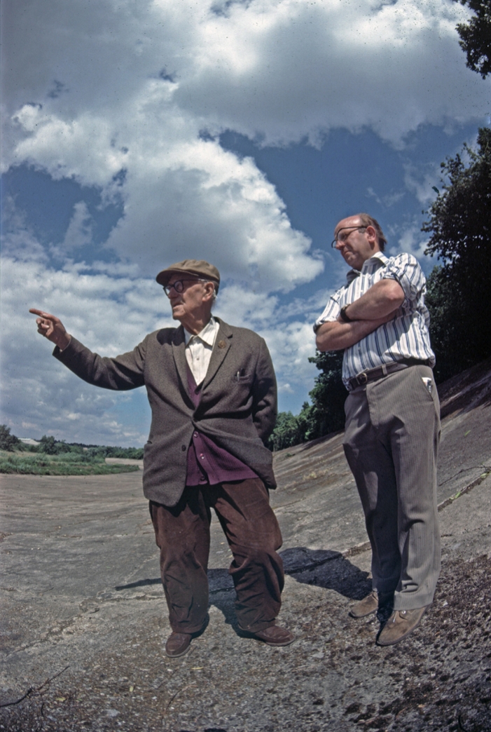   Bob Dicker and Jim Young on the Brooklands banking. Bob is wearing his Brooklands Gold Star which was awarded for lapping a Zenith motorcycle at over 100 mph. While it was called a 