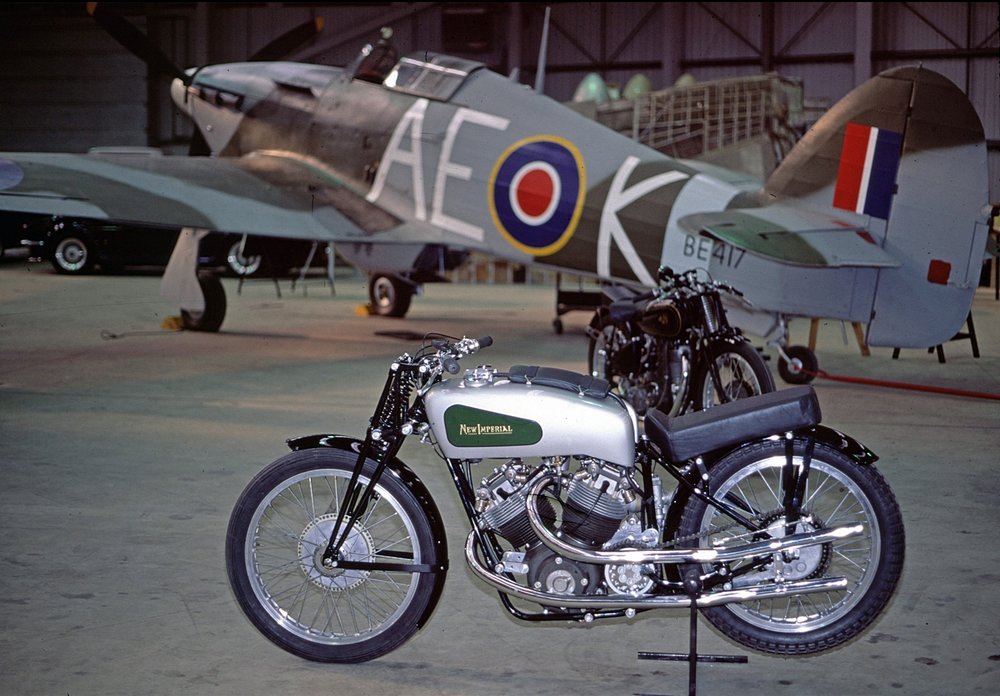   The unique ca.1939 500 cc works V-Twin New Imperial racer which, I believe, held the pre-war lap records at both Brooklands and Donington Park. It was infamous for its evil handling but looks serene enough in this 1973 shot  