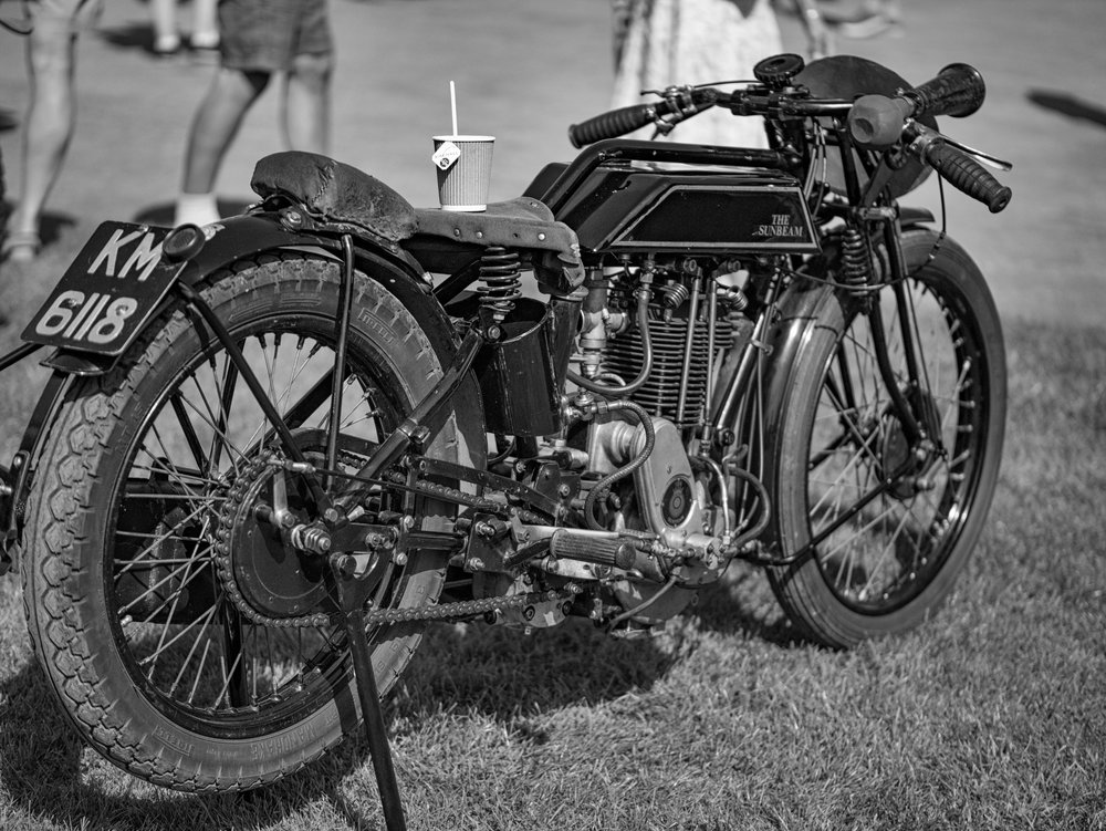   Motorbike to Go: 1930s Sunbeam with a thirsty owner. Motorcycle racing was a major part of the annual programme at Brooklands before the second world war put a stop to festivities (42.5mm Leica DG Nocticron)  