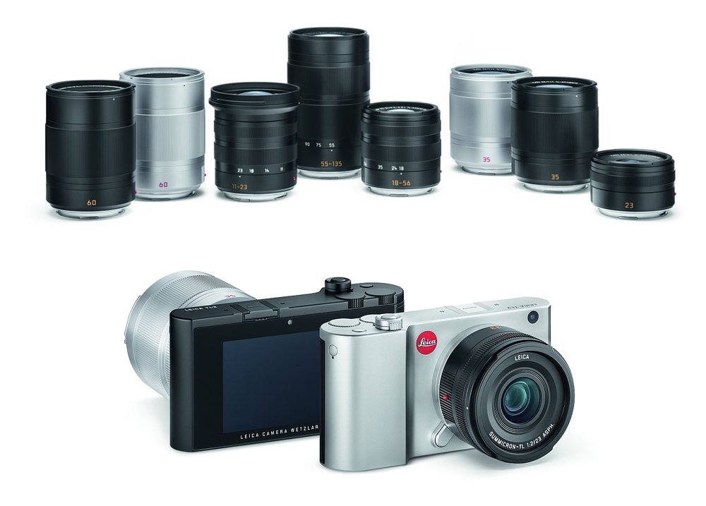 The system: In the background are the 60mm macro lens in two finishes, the trio of zooms (11-23mm Super-Vario-Elmar-TL, 55-135mm APO-Vario-Elmar-TL and 18-56mm Vario-Elmar-TL), the 35mm Summilux in two finishes and the 23m Summicron