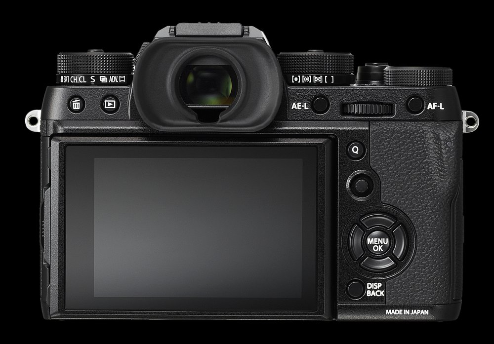 The superb control set on the top dial can be appreciated in this rear shot of the X-T2. The two major dials either side of the viewfinder are both double-headers working concentrically. On the left is the ISO dial above the drive adjustment. To the right is the shutter speed dial with direct access metering beneath. On the far right is the exposure compensation dial. Note the joystick immediately above the four-way D pad — an addition which I find extremely useful