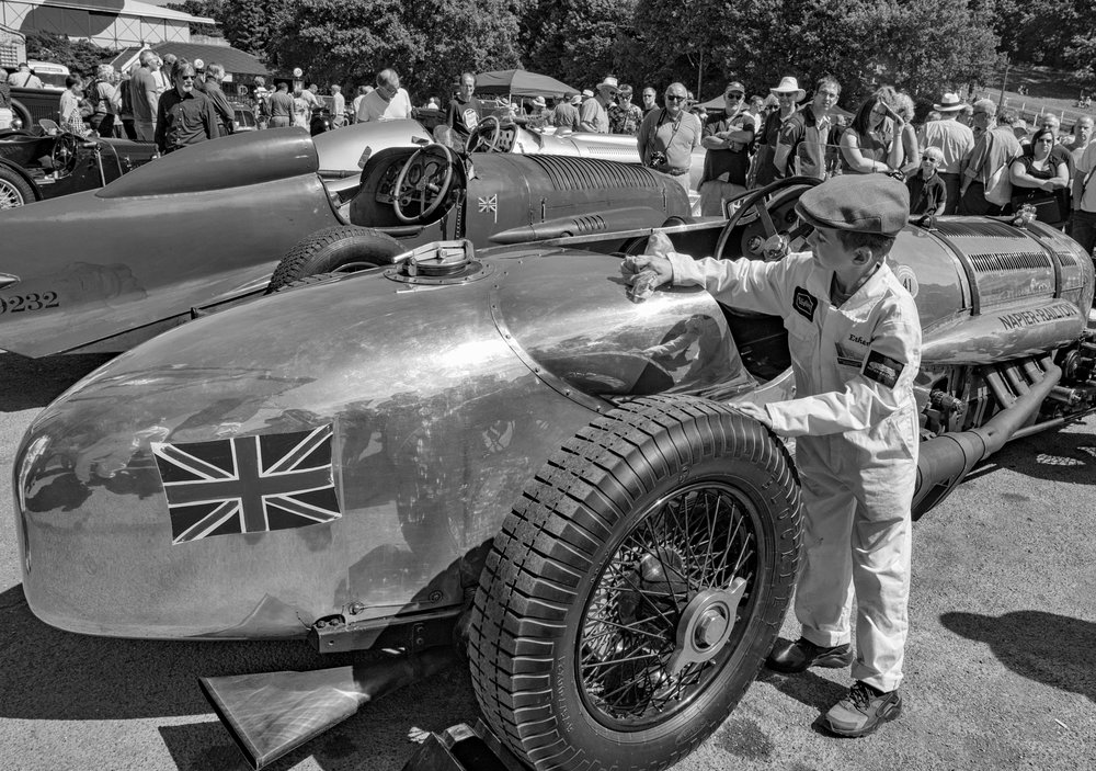 An outing to Brooklands and the monster 24-litre Napier-Railton with keen mechanic Ethan doing the polishing.
