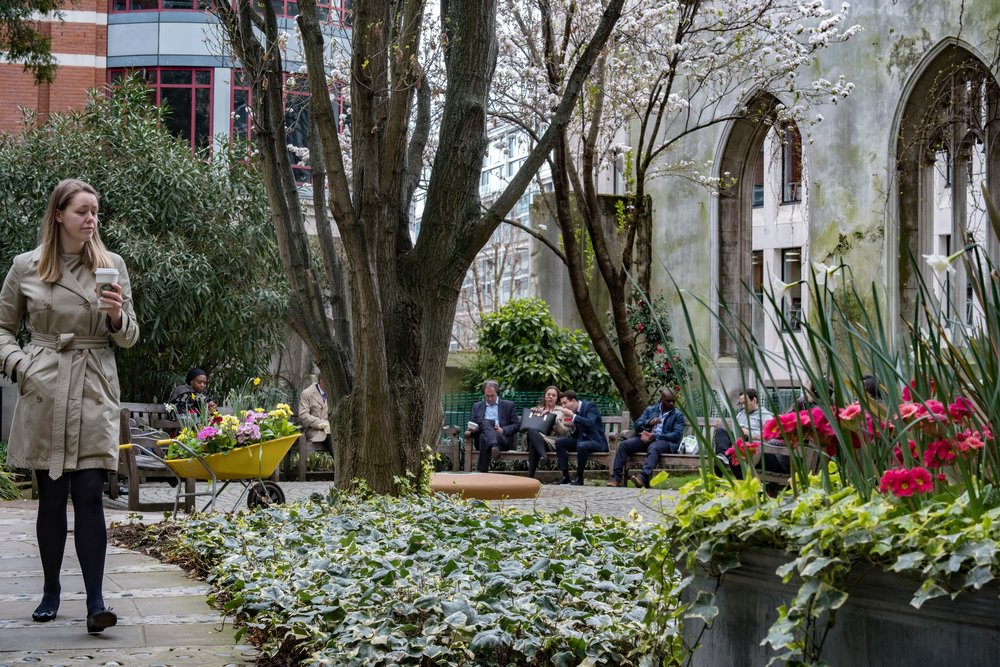 Lunch in the City (Leica CL) this is the erstwhile nave of the church of St.Dunstan-in-the-East , preserved as a memorial to the bombing of London during the second world war. It is now a tranquil place to drink your Starbucks and eat your M&S sandwiches