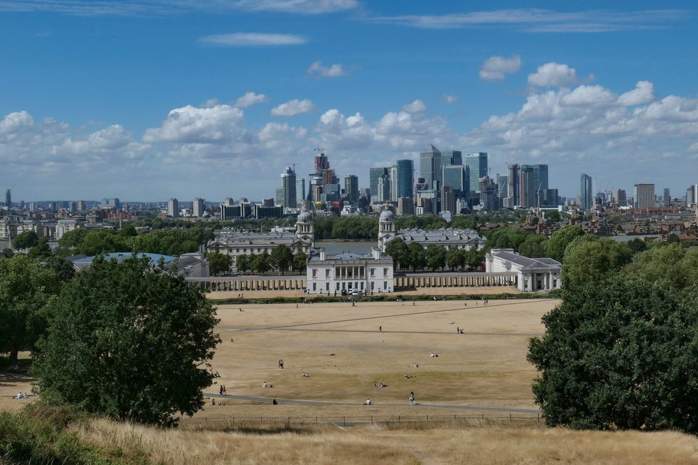   Above: Greenwich Naval College as seen from the heights of Observatory, with the Canary Wharf business district in the background on the far side of the River Thames. The hot summer has turned the usually verdant park into a very unusual colour for London. Taken at f/8, 1/1250s at 45mm. The image below is a crop from the full frame  