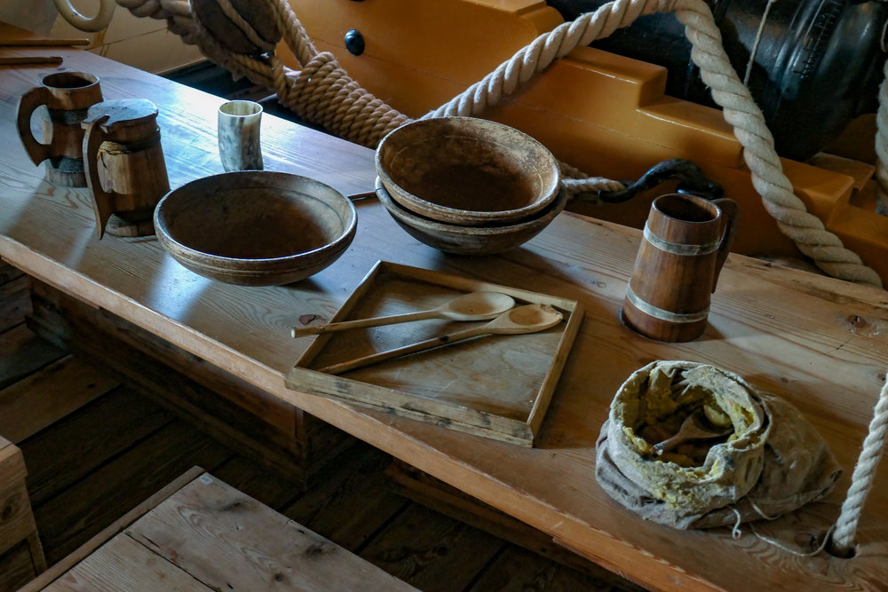   While Horatio, Captain Hardy and his senior officers dined off the finest china, the hoi polloi had to make do with standard naval issue square wooden platters — the origin of the term 