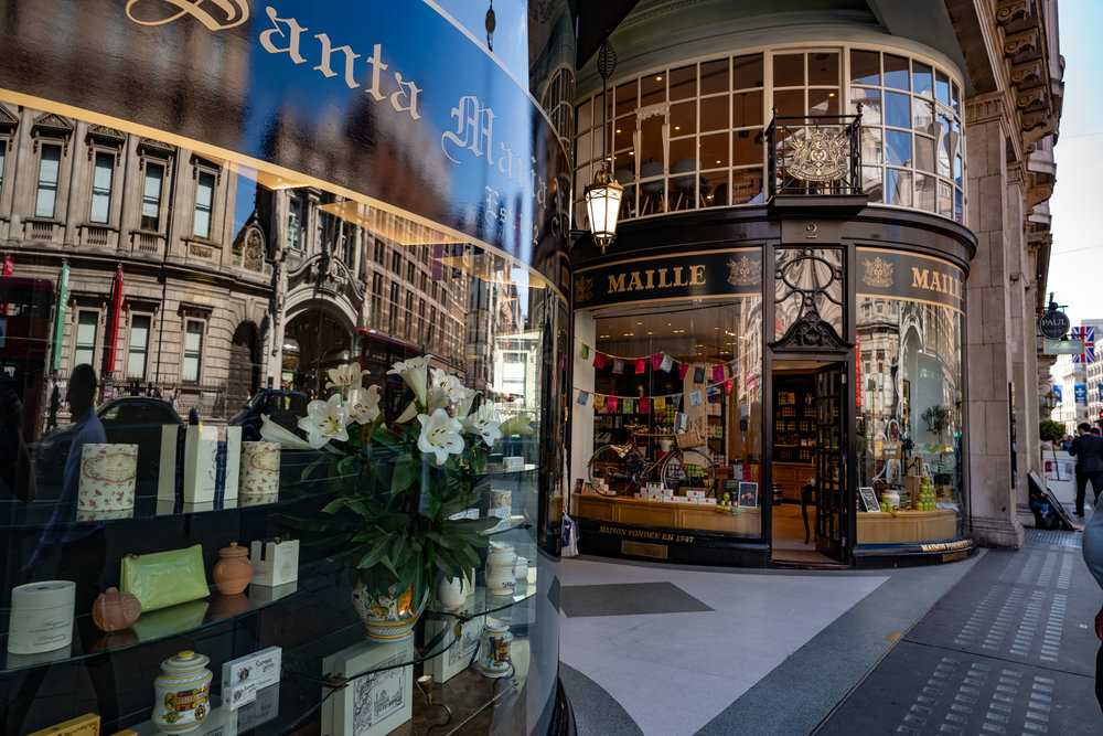 At the Piccadilly end of the Piccadilly Arcade which runs down to Jermyn Street, once the haunt of Beau Brummell , and a fine place for gentleman