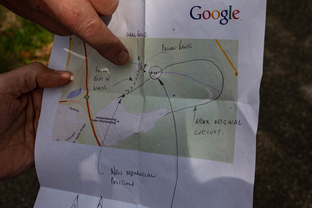 Above: Thanks to Google and a few handwritten annotations, we were able to get some idea of which way to walk from the new memorial. Below top left: The path stretched into the distance with no signposts and no hint of the “small bridge”. Top right: After about a mile the bridge appeared in the distance. Bottom left: The intrepid explorers set out along the high river bank. Bottom right: Just when we were about to give up and turn back, the two small conifers looked likely candidates — and, indeed, they were the ones marking the scene of Jim Clark’s death.