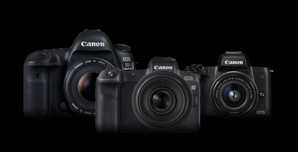 The three little full-frame bears: Daddy DSLR 5D, mummy EOS-R and the new addition to the family, the EOS-RP. Image Canon.