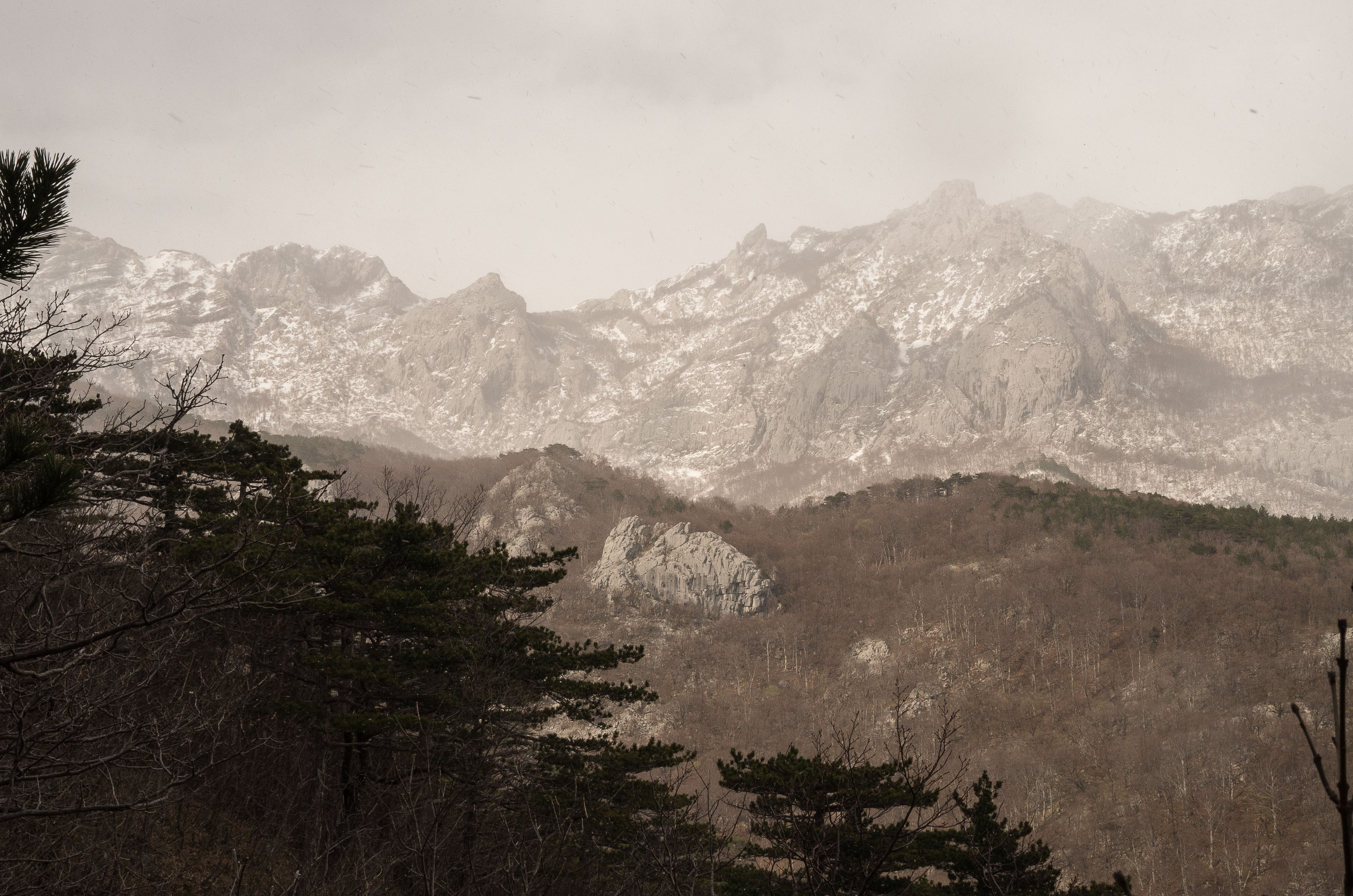 Snow shower approaching over the Velebit mountains. Taken at 15.10 on 24th March 2016.