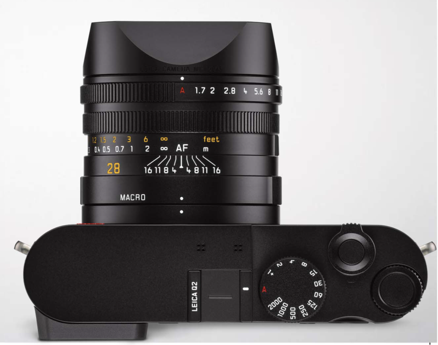 Top view of the Q2 with the same lens arrangement as on the original Q. The on/off switch is dedicated and the mechanical shutter tops out at 1/2000s (but up to 1/40000s in electronic mode)