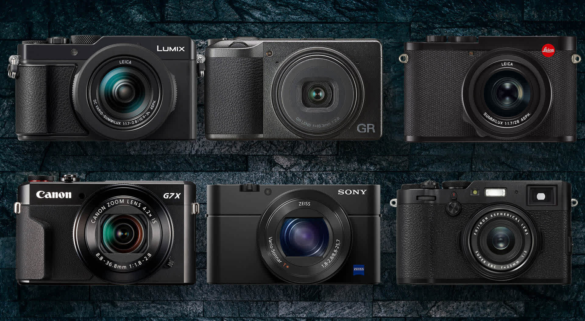 A perfectly symmetrical sextuplet of travel cameras — but of course they aren't all the same size as shown here at DigitalRev. The Sony is acutlaly the smallest and the Leica Q2 the biggest by quite a margin. But they are all ideal travel cameras.