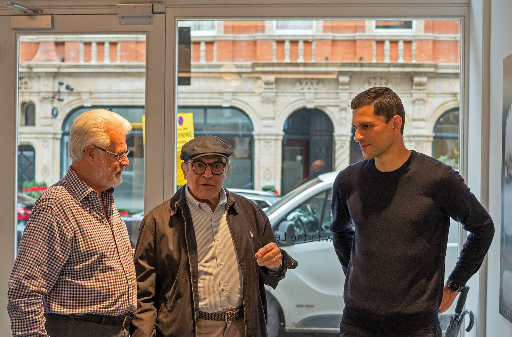 David Suchet arrives to be greeeted by TLS secretary Tony Cole and, right, Robin Sinha of Leica