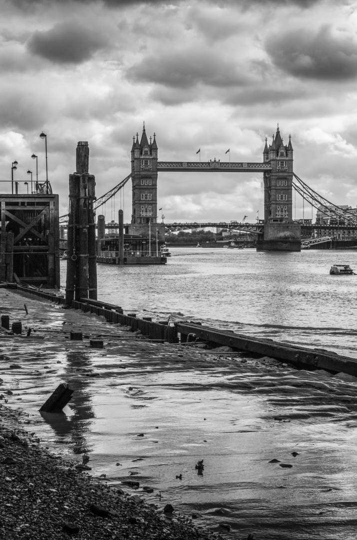 A damp morning on the barge beds with Tower Bridge behind