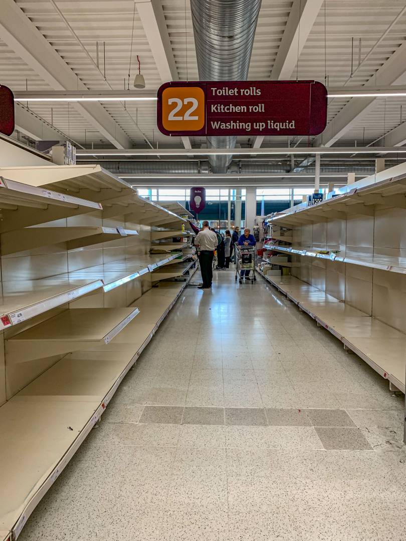 Someting I thought I would never see in London: Panic buyers following the herd. If the emptiest shelves are any guide, I preume that most people will be dining on tomato soup, canned tuna in toilet-roll wrap and canned peaches.