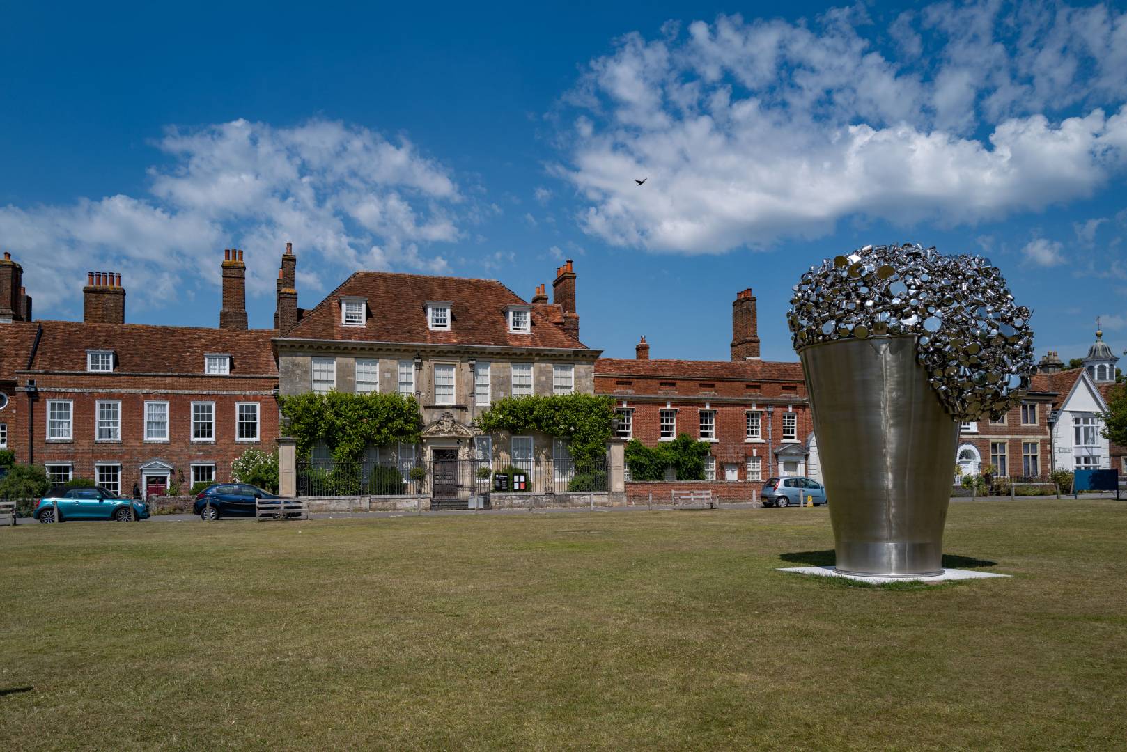 A closer view of Mompesson House with Subodh Gupta's "When Soak Becomes Spill" in the foreground.