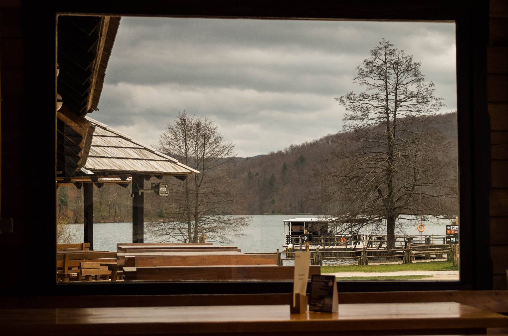 A ferry docks by the restaurant at the north end of Kozjak lake