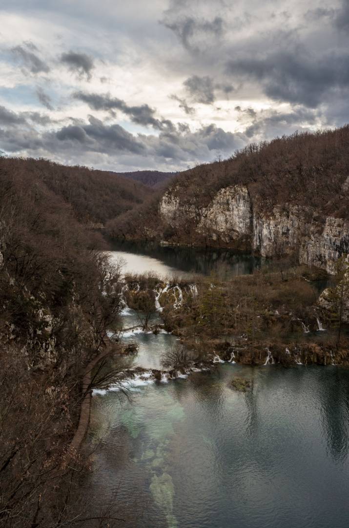 The Milke Trnine waterfalls in winter with Milanovac Lake above and Gavanovac Lake below