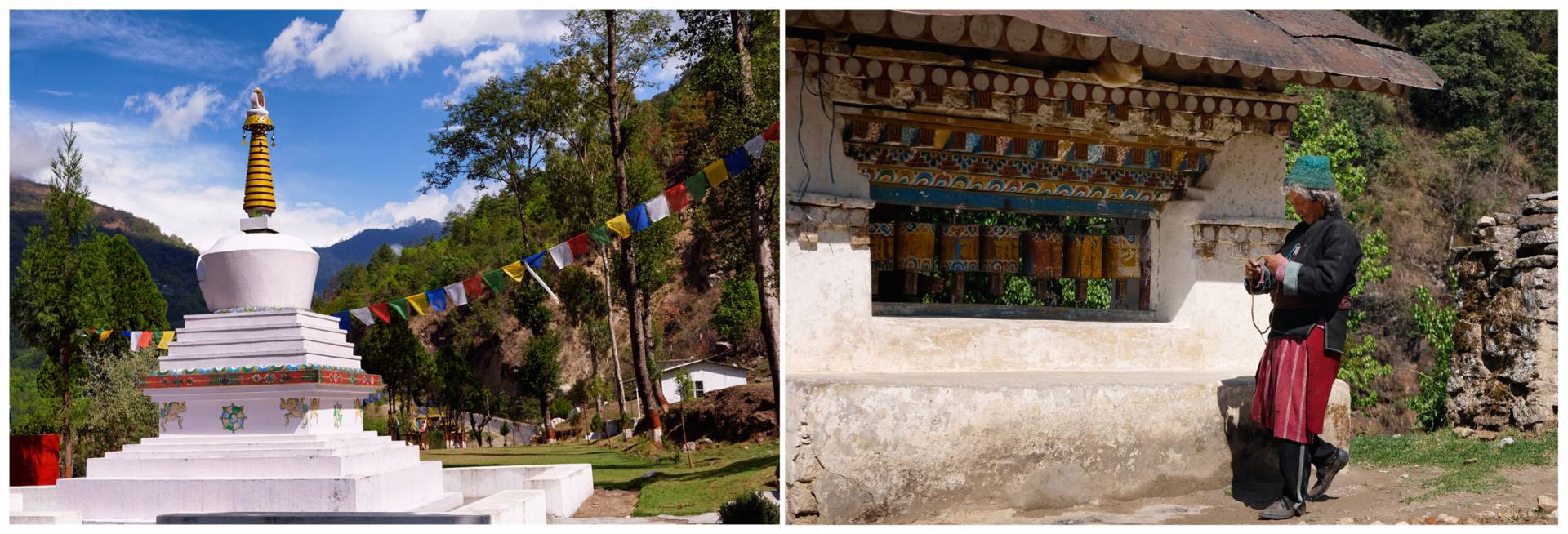 A chorten honours the soldiers who died fighting the Chinese in the Battle of Nyukmadong. Close by the side of the road a Monpa woman walks around a prayer wheel