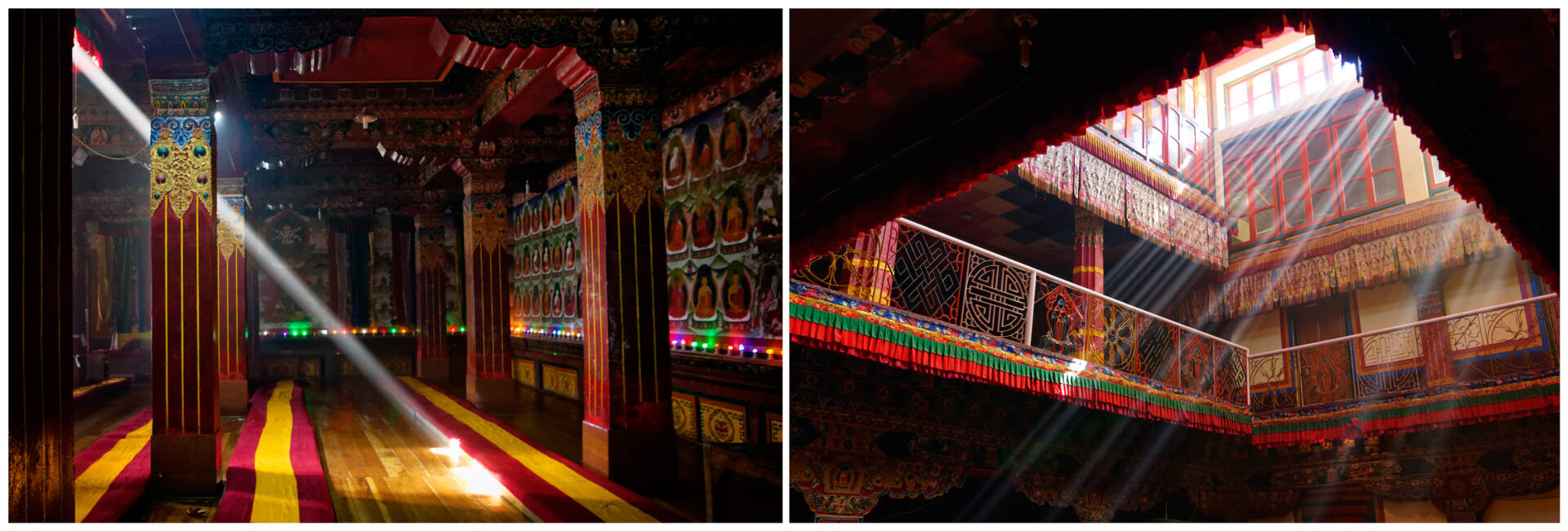 A beam of light cuts through the dark interior of the Dukhang. The sun’s rays stream in through upper storey windows